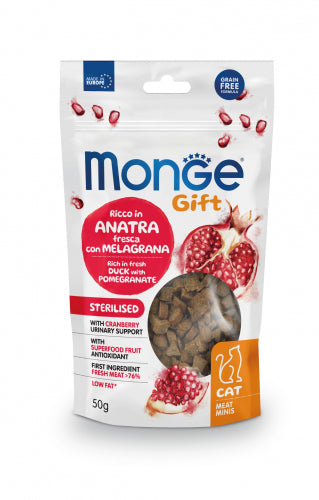 Monge Gift Meat Minis para gatos esterilizados, pato y granada, 50 g