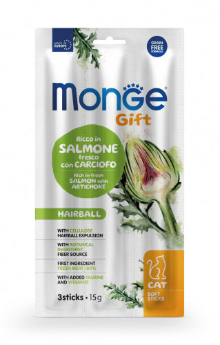 Monge Gift Soft Sticks Hairball para gatos, salmón y alcachofa, 15 g