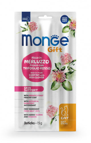 Monge Gift Soft Sticks Skin Support para gatos, bacalao y trébol rojo, 15 g