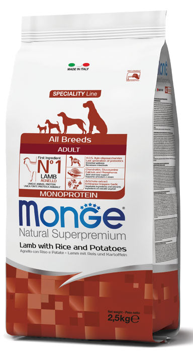 Monge Natural Superpremium All Breeds Adult Monoprotein cordero con arroz y papa · envase frontal