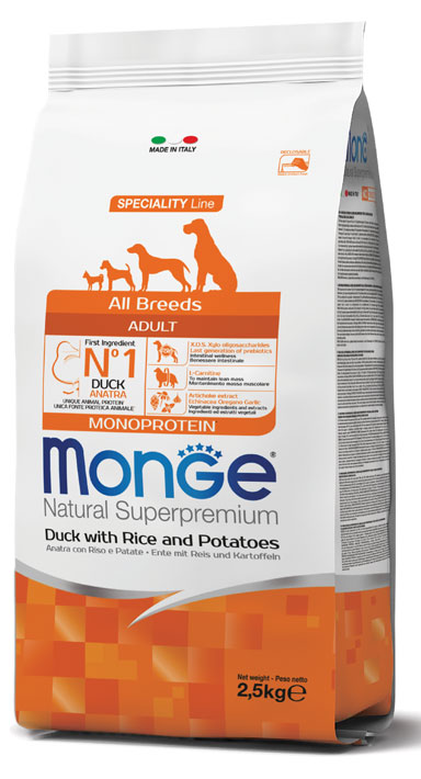Monge | Alimento seco para perros adultos. Pato, arroz y papa