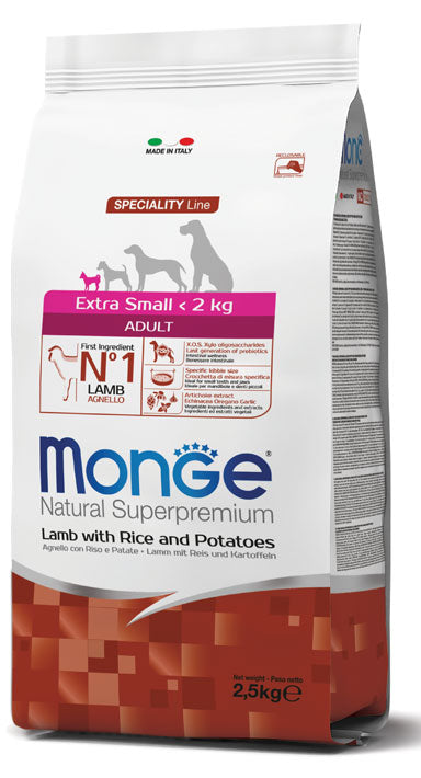 Monge | Alimento seco para perros adultos Extra Small. Cordero, arroz y papa
