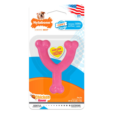 Nylabone — Puppy Chew Wishbone hueso rosa para cachorros en dentición sabor pollo