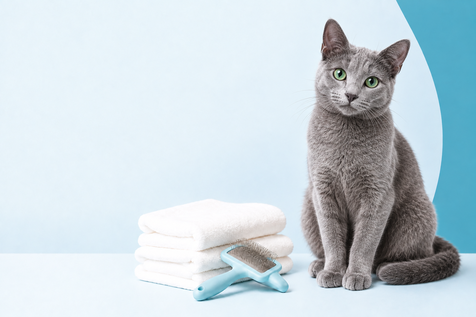 Gato azul ruso con artículos de higiene