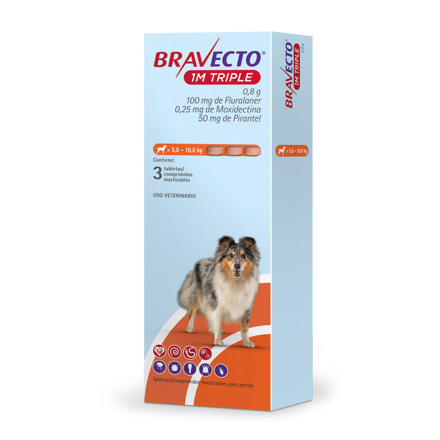 Bravecto 1M Triple — más de 5 a 10 kg, caja de 3 tabletas
