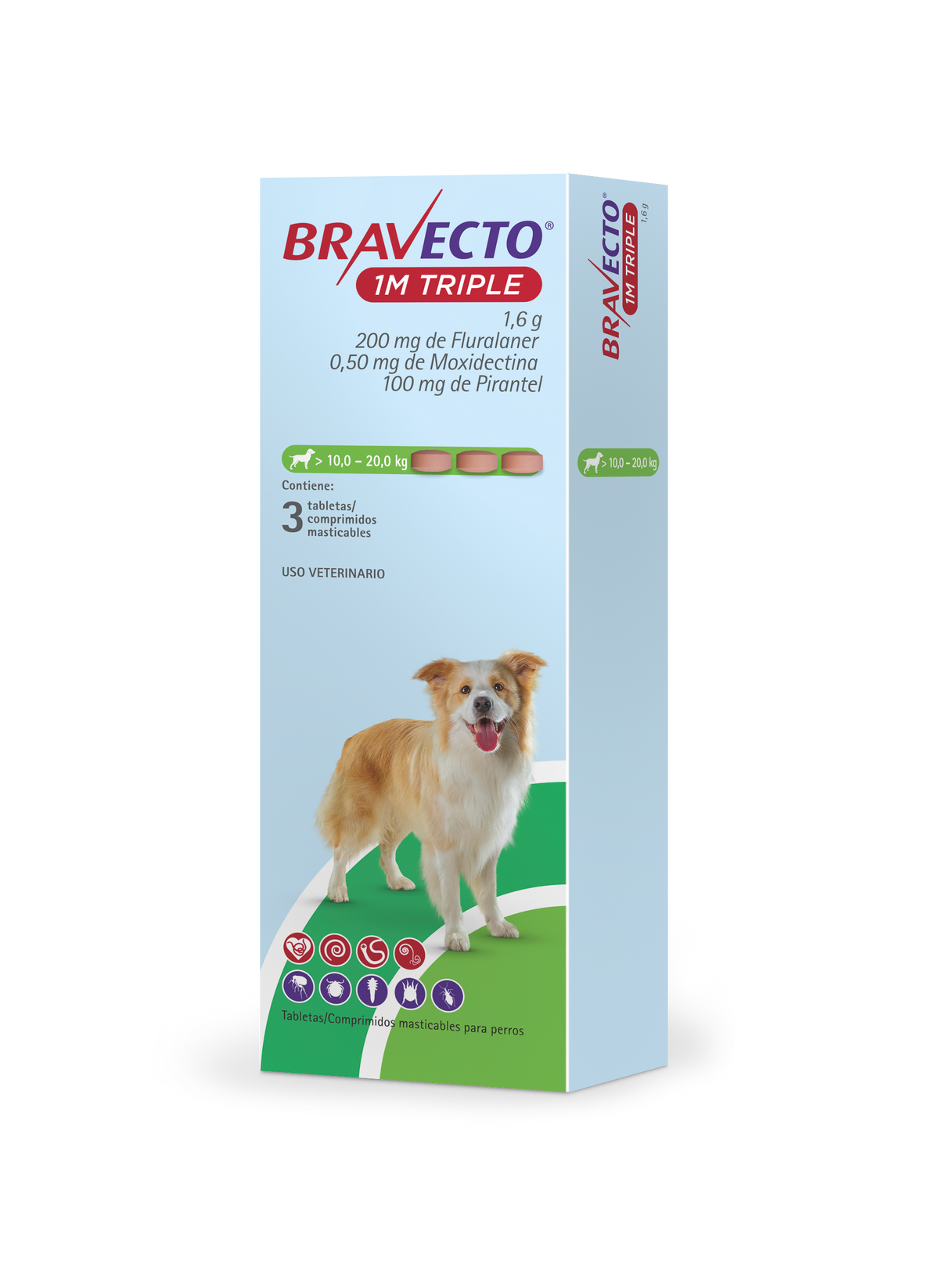 Bravecto 1M Triple — 10 a 20 kg, caja de 3 tabletas, imagen oficial MSD