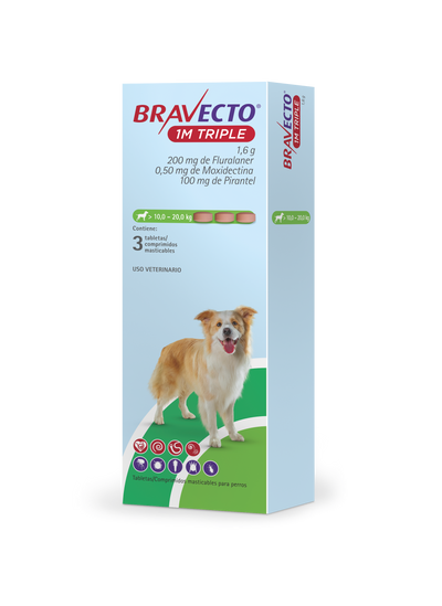 Bravecto 1M Triple — 10 a 20 kg, caja de 3 tabletas, imagen oficial MSD