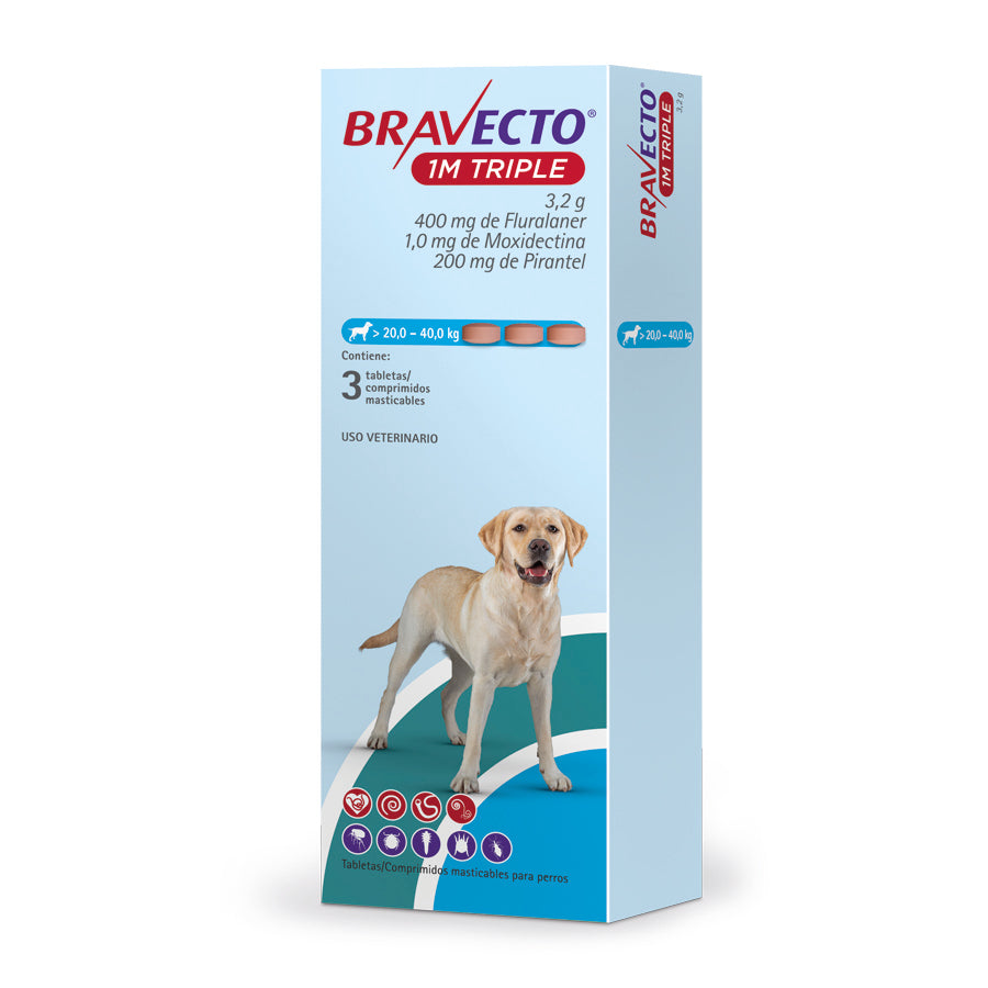 Bravecto 1M Triple — más de 20 a 40 kg, caja de 3 tabletas