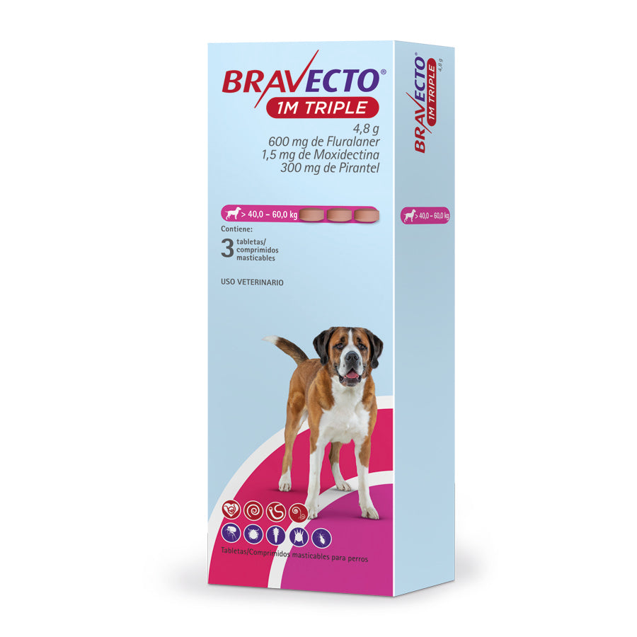 Bravecto 1M Triple — más de 40 a 60 kg, caja de 3 tabletas