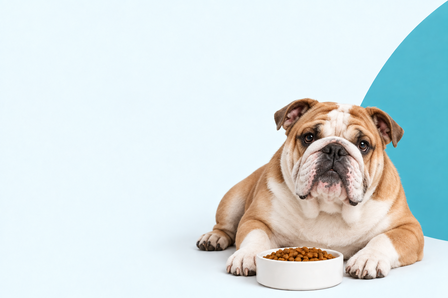 Bulldog inglés junto a un plato de alimento