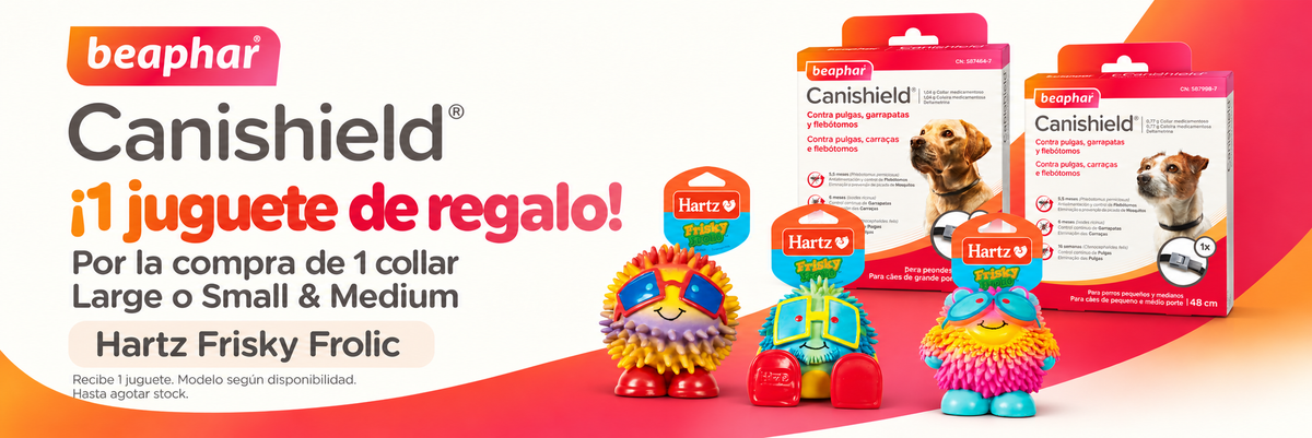 Canishield: 1 juguete Hartz Frisky Frolic de regalo por collar. Tres modelos posibles; recibe uno según disponibilidad. Hasta agotar stock.