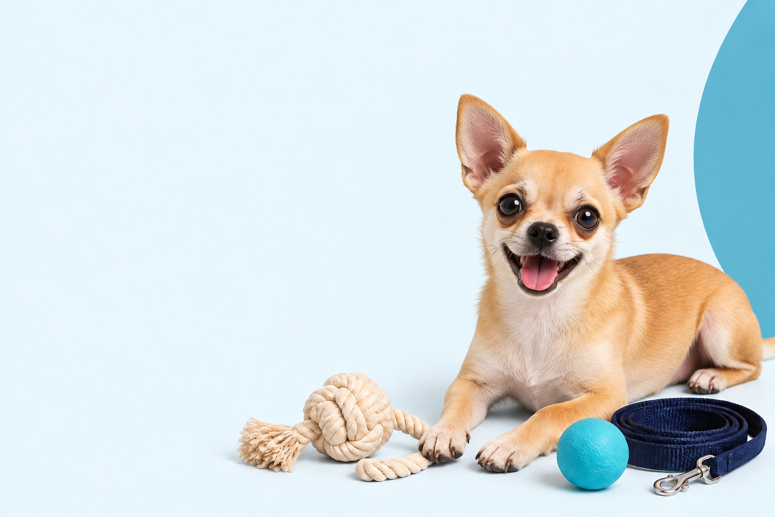 Chihuahua junto a juguetes y correa