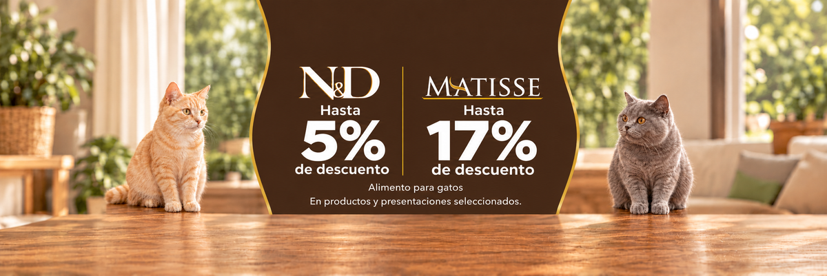 Farmina: N&D hasta 5% y Matisse hasta 17% de descuento. En productos y presentaciones seleccionados.