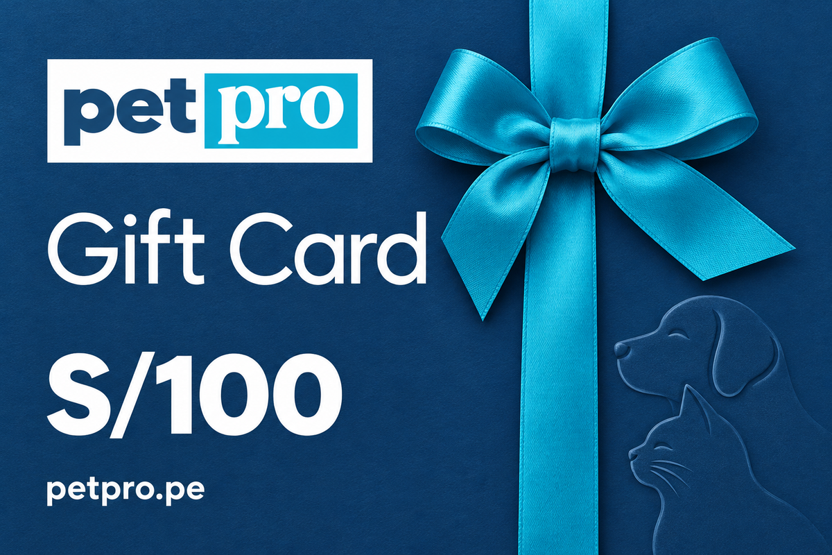 Gift Card Pet Pro de S/100, azul con lazo celeste y siluetas de perro y gato