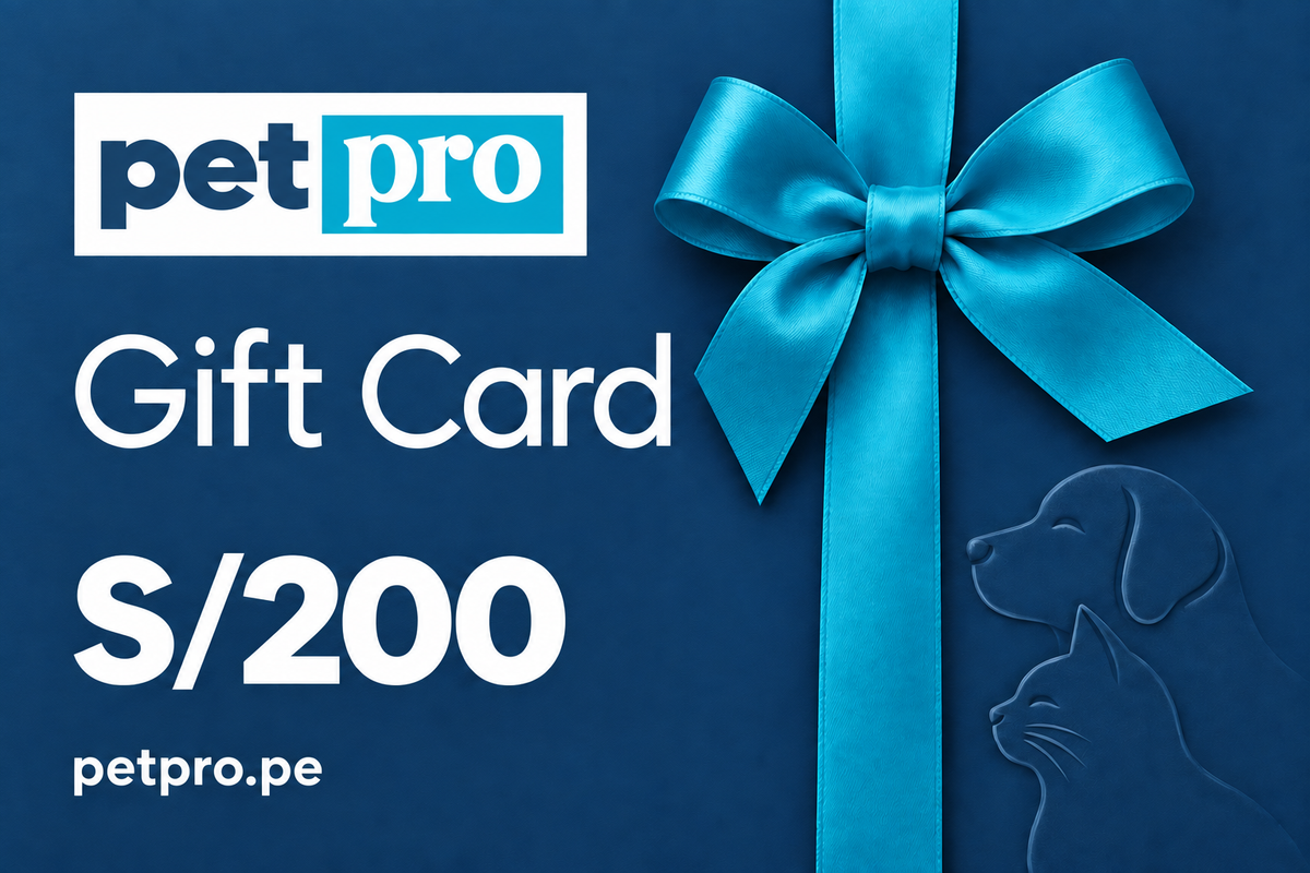 Gift Card Pet Pro de S/200, azul con lazo celeste y siluetas de perro y gato