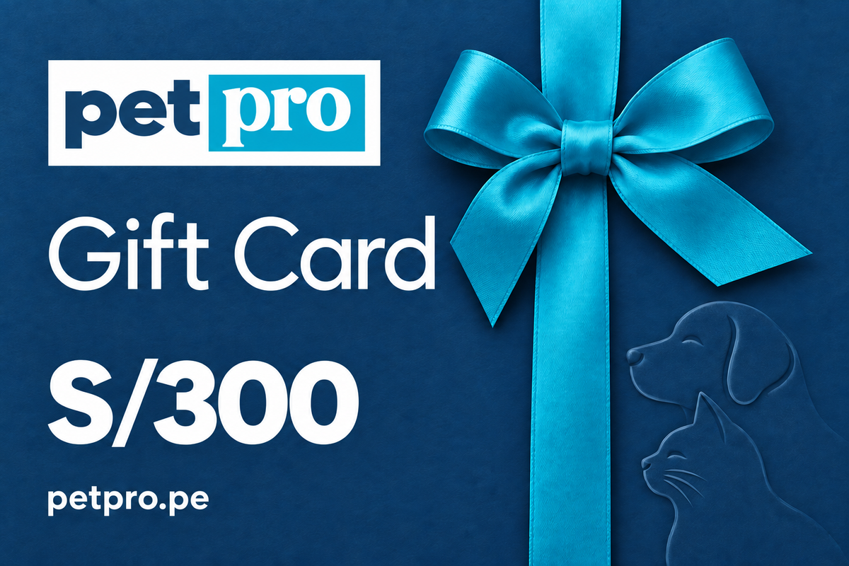 Gift Card Pet Pro de S/300, azul con lazo celeste y siluetas de perro y gato