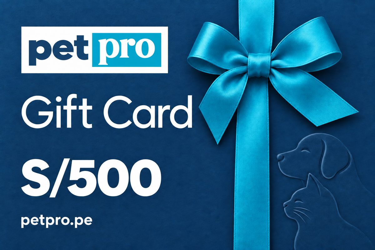 Gift Card Pet Pro de S/500, azul con lazo celeste y siluetas de perro y gato