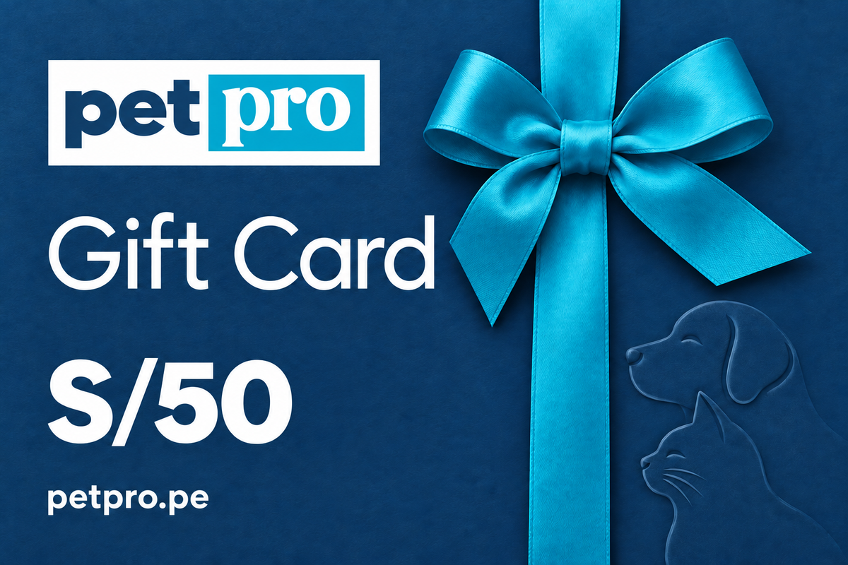 Gift Card Pet Pro de S/50, azul con lazo celeste y siluetas de perro y gato