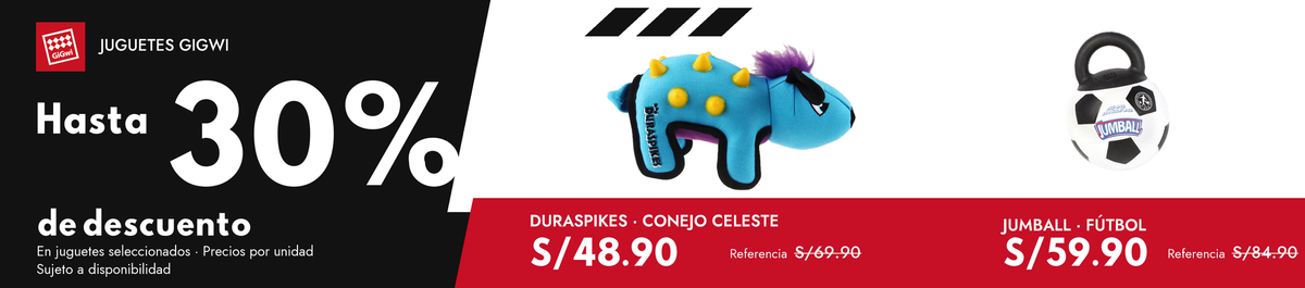 GiGwi: hasta 30% de descuento en juguetes seleccionados. Duraspikes conejo celeste S/48.90, referencia S/69.90; Jumball fútbol S/59.90, referencia S/84.90. Precios por unidad, sujetos a disponibilidad.