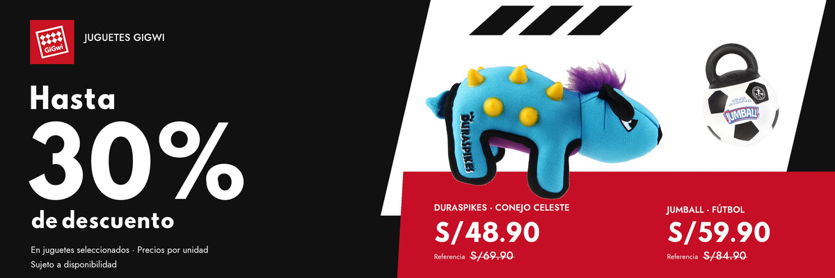Juguetes GiGwi: hasta 30% de descuento en seleccionados. Duraspikes conejo celeste S/48.90, referencia S/69.90; Jumball fútbol S/59.90, referencia S/84.90. Precios por unidad, sujetos a disponibilidad.