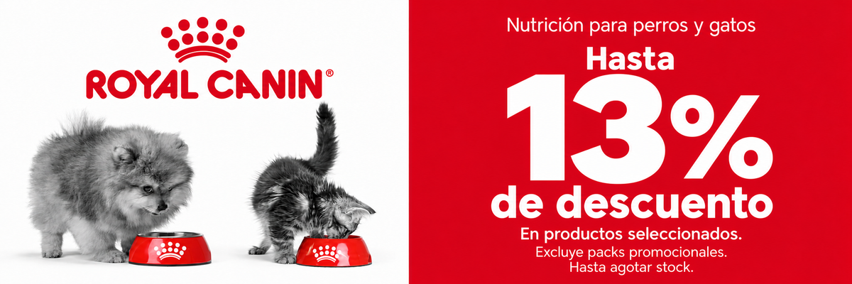 Royal Canin: hasta 13% de descuento. En productos seleccionados. Excluye packs promocionales. Hasta agotar stock.