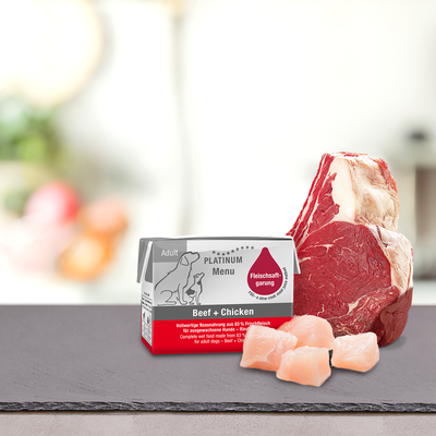 Platinum Menu Adult Beef & Chicken · envase de 90 g (foto oficial)