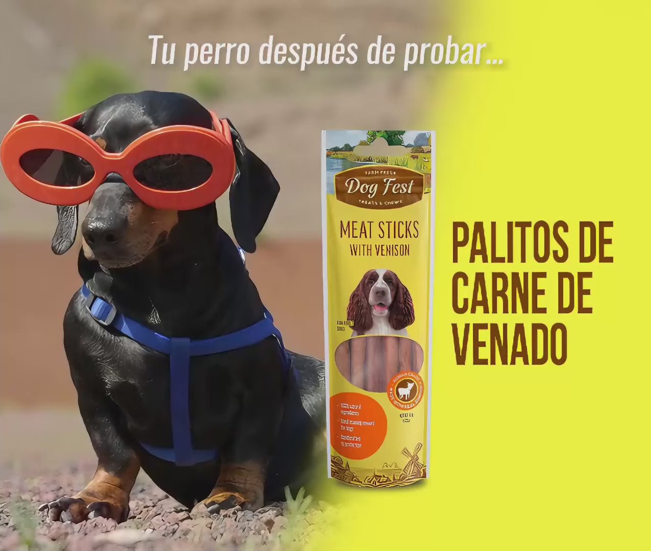 Dog Fest: palitos de carne de venado para perros adultos. Anuncio del producto con cartelas en español.