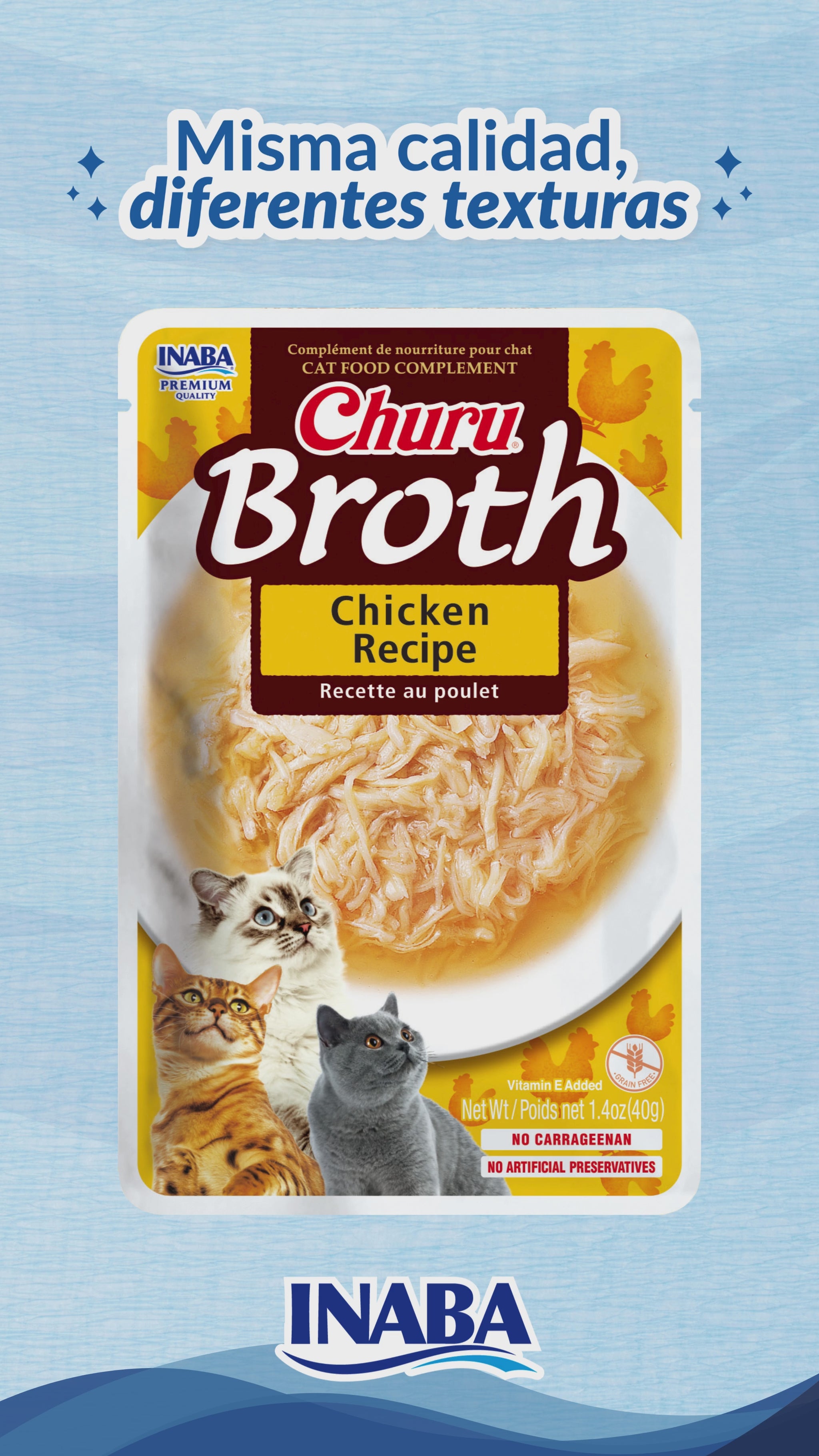 Churu Broth para gatos: presentación de las recetas pollo, pollo con atún y pollo con salmón.