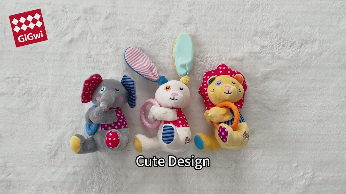 GiGwi Plush Friendz: demostración oficial de los modelos elefante 8564, león 8565 y conejo 8566 con aro de TPR.