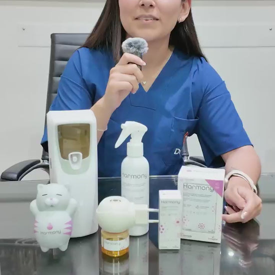 Harmony Pets: vídeo en español sobre calma y bienestar durante los fuegos artificiales; muestra difusor, spray, toallitas y atomizador.