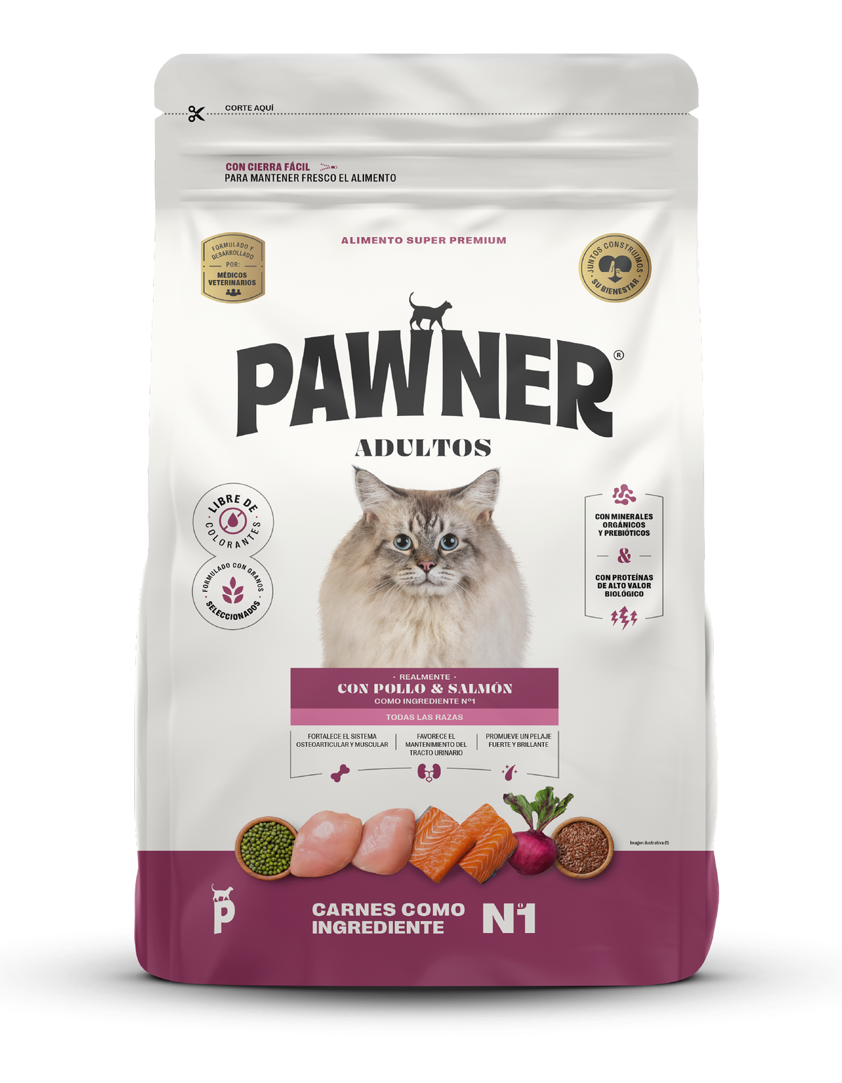 Pawner | Cat adultos todas las razas con pollo y salmón – empaque frontal