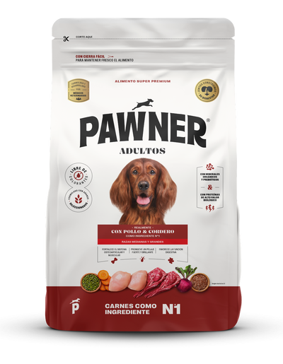 Pawner | Dog adultos razas medianas y grandes con pollo y cordero – empaque frontal