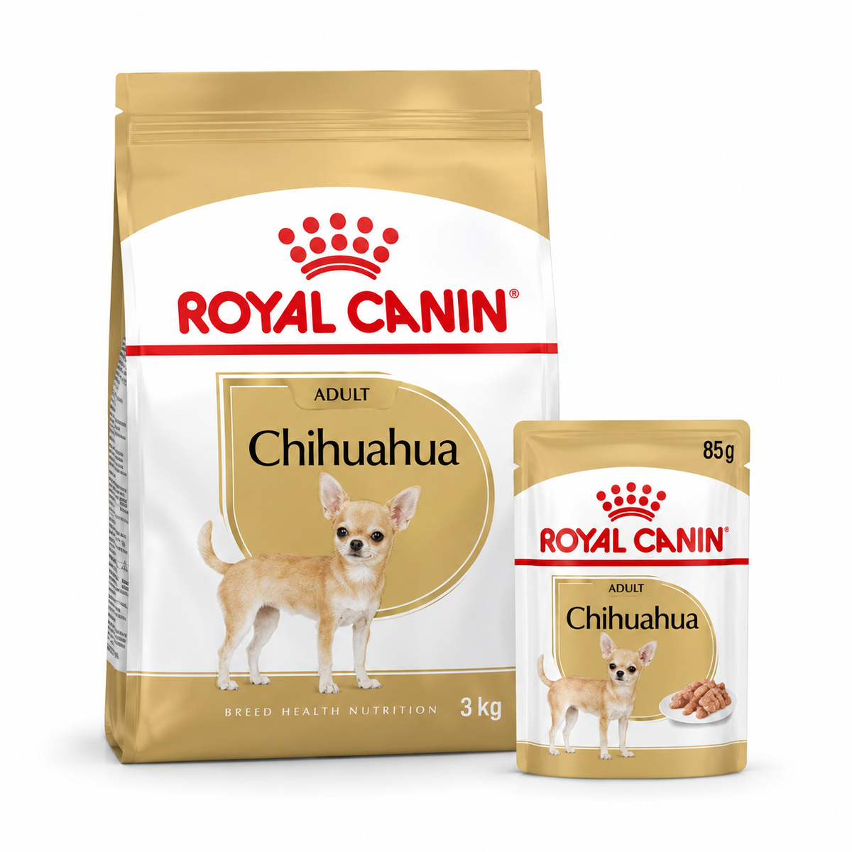 Royal Canin Pack Chihuahua Adult 3 kg + pouch de 85 g — imagen referencial generada a partir del afiche del proveedor.