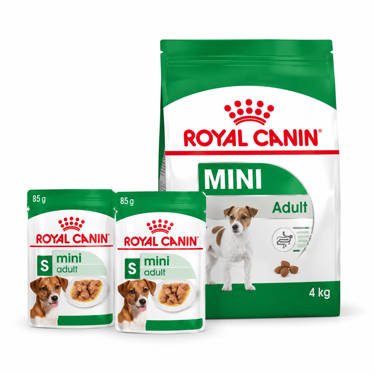 Royal Canin Pack Mini Adult 4 kg + 2 pouches de 85 g — imagen referencial generada a partir del afiche del proveedor.