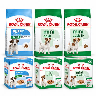 Royal Canin Pack Mini completo: Puppy, Adult y Adult 8+ con pouches — imagen referencial generada a partir del afiche del proveedor.