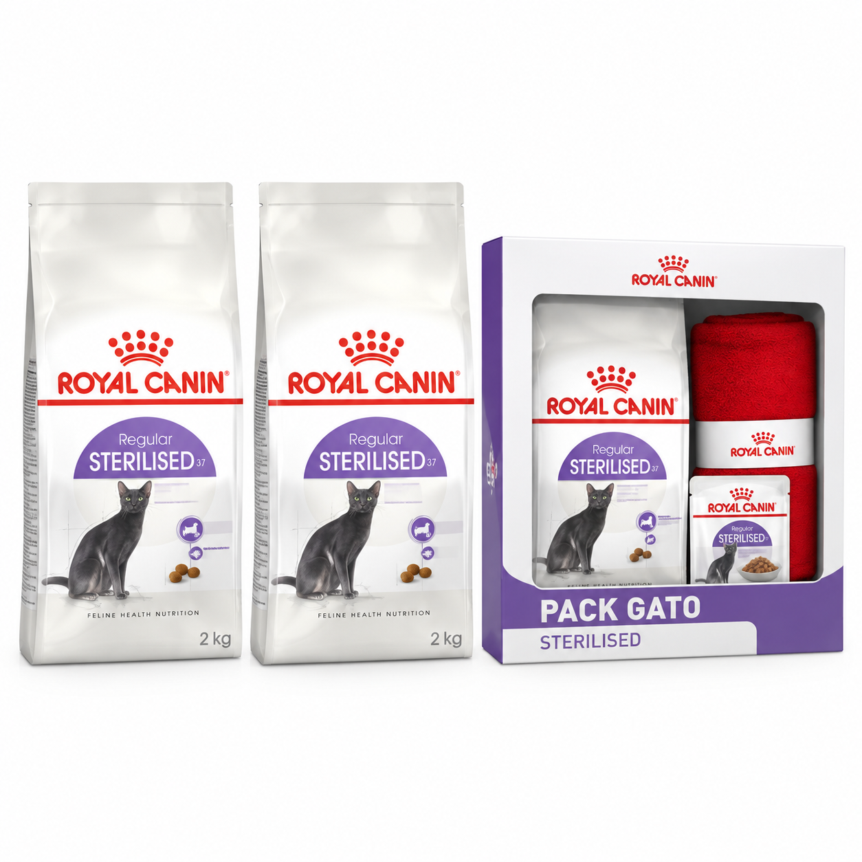 Royal Canin Pack 2 bolsas Sterilised 37 de 2 kg + Pack Sterilised de regalo — imagen referencial generada a partir del afiche del proveedor.