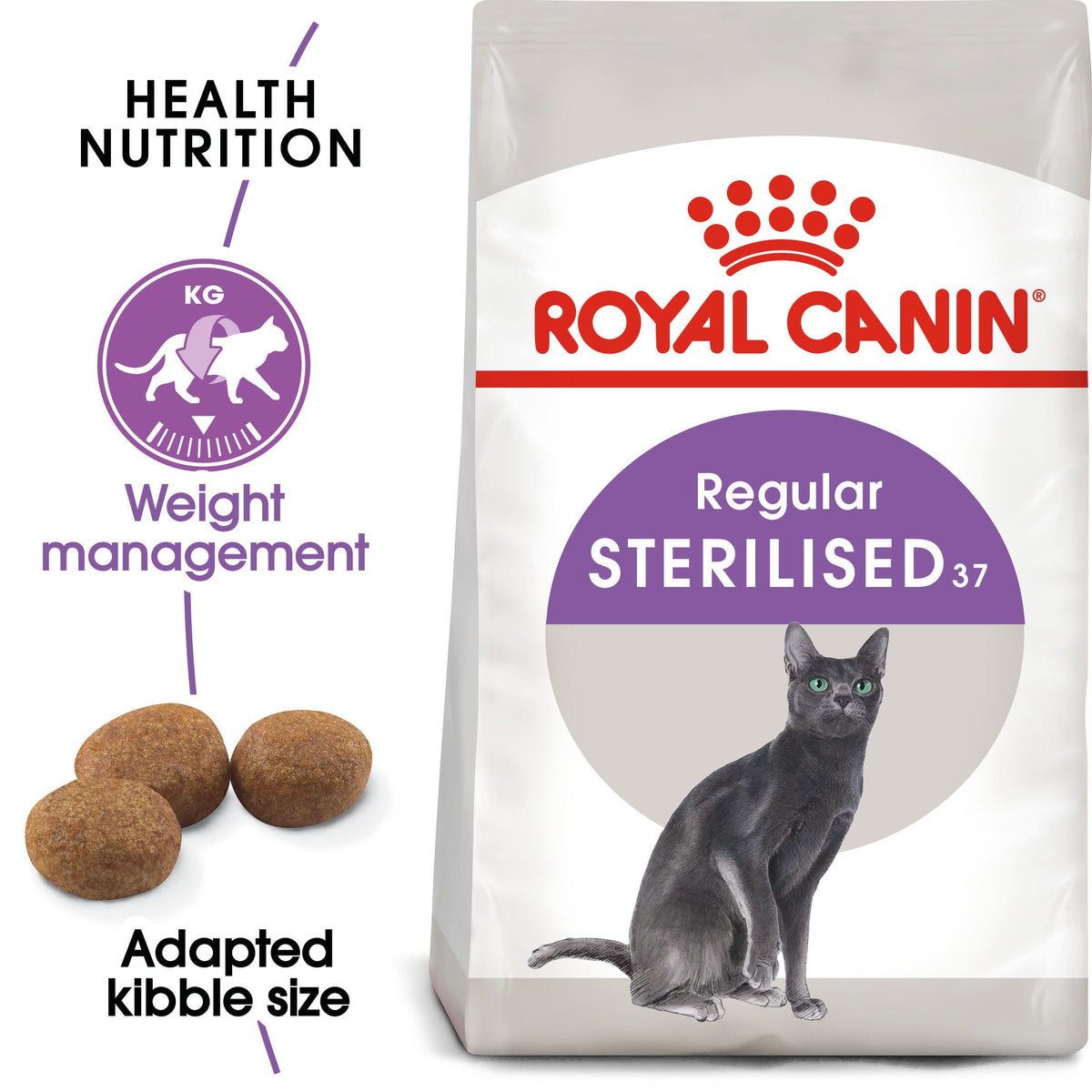 Royal Canin Sterilised 37 · envase y croquetas