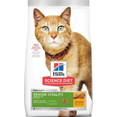 Hill's Science Diet | Alimento seco para gatos maduros Senior Vitality Adult 7+. Receta de pollo y arroz.