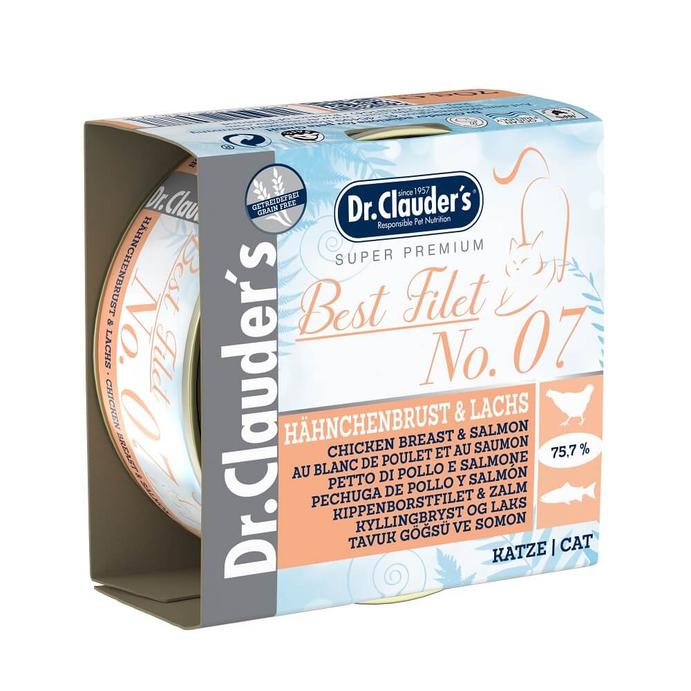 Dr.Clauder’s | Best Filet N.º 7, pechuga de pollo y salmón para gatos — Lata de 70 g