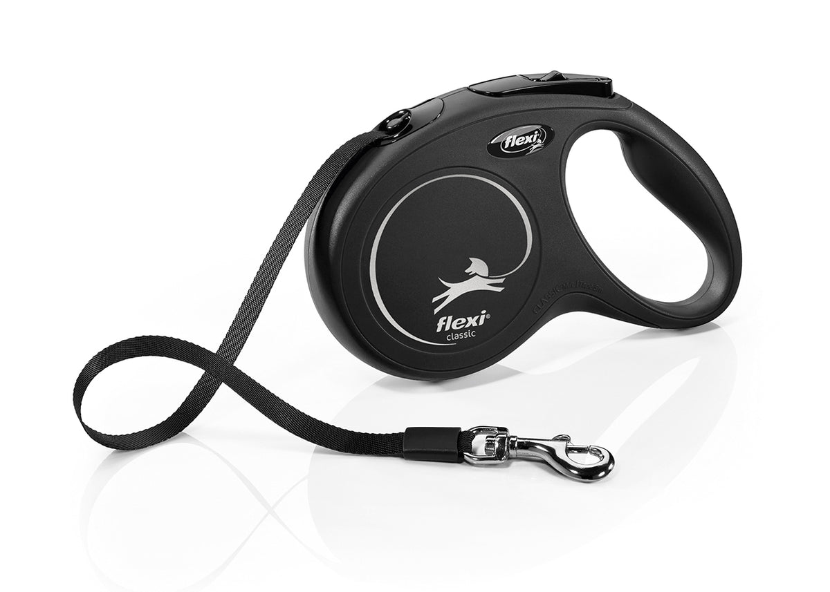 Flexi New Classic, correa extensible de cinta, M · 25kg · 5m · Negro