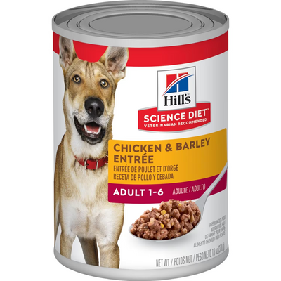 Hill's Science Diet | Alimento húmedo para perros adultos. Receta de pollo y cebada (Pack de 6 latas de 370 g)